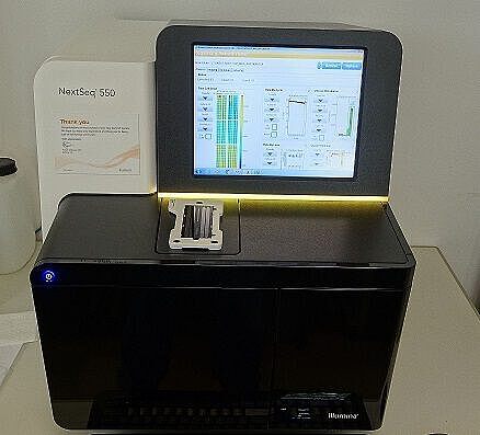 Picture of the NextSeq 550 that enables sequencing of exomes, whole genomes.