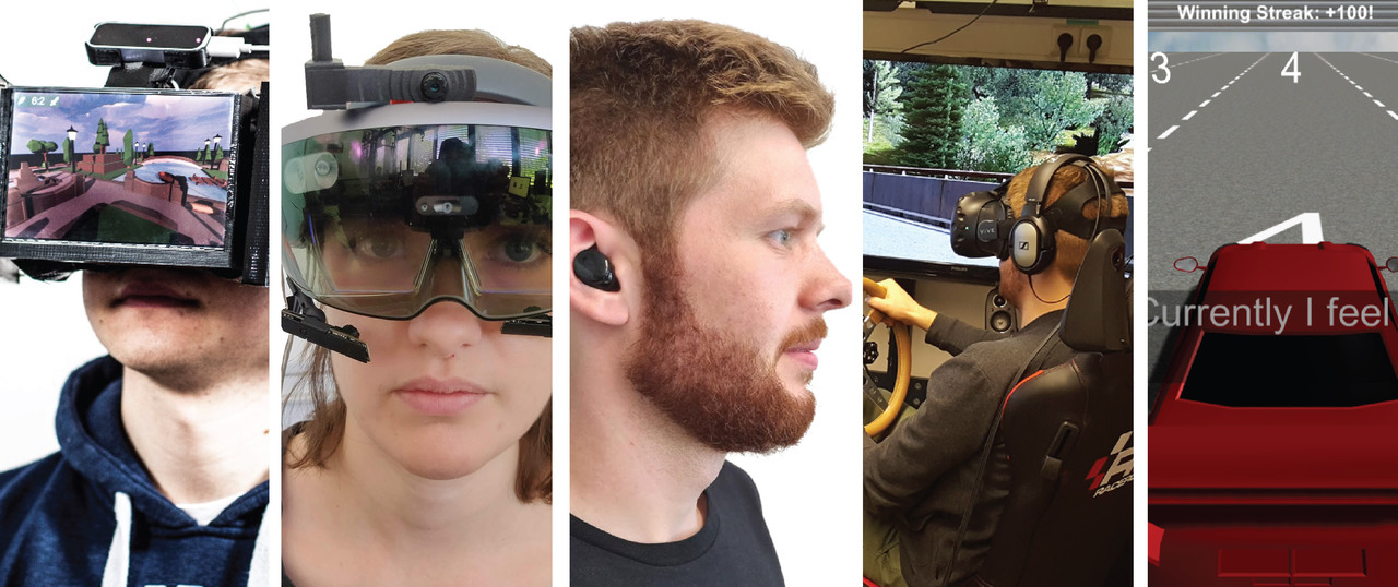 Das Bild besteht aus 5 Teilen: Teil 1 zeigt eine Person mit VR Headset, Teil 2 zeigt eine Person mit AR Headset, Teil 3 zeigt eine Person mit Hearables, Teil 4 zeigt einen Fahrsimulator, Teil 5 zeigt ein Spiel mit einem Auto