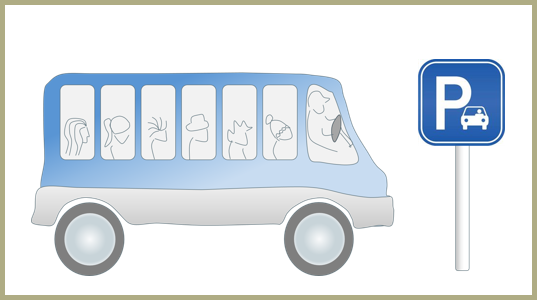 ein Bus mit Insassen und ein Verkehrsschild "Parken"