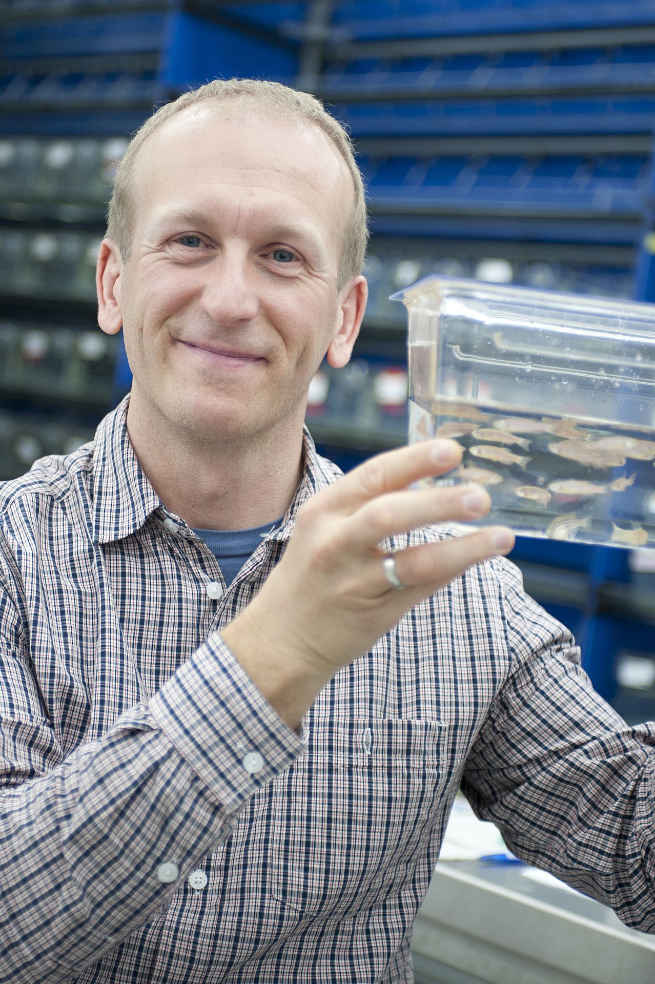 Prof. Gilbert Weidinger hält einen Behälter mit Zebrafischen