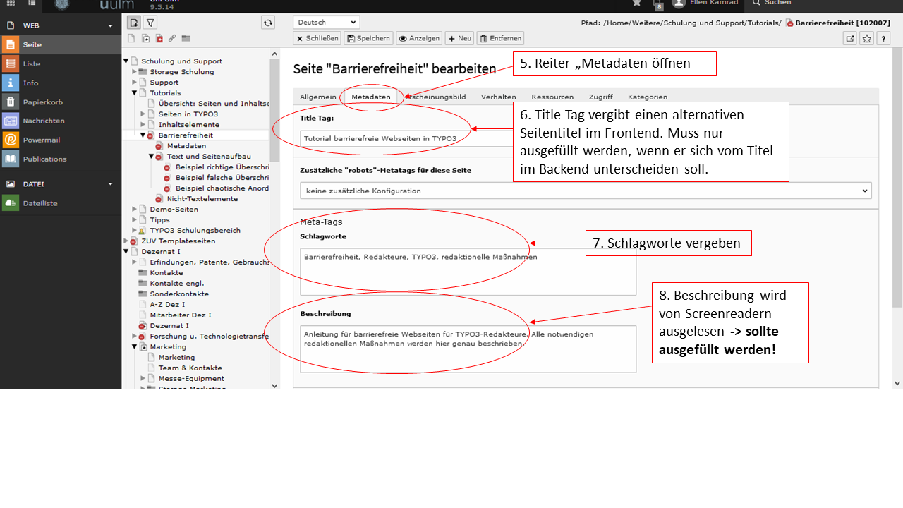 Screenshot aus dem TYPO3-Backend zeigt wie man in den Metadaten Webseiten barrierefrei macht Teil 2