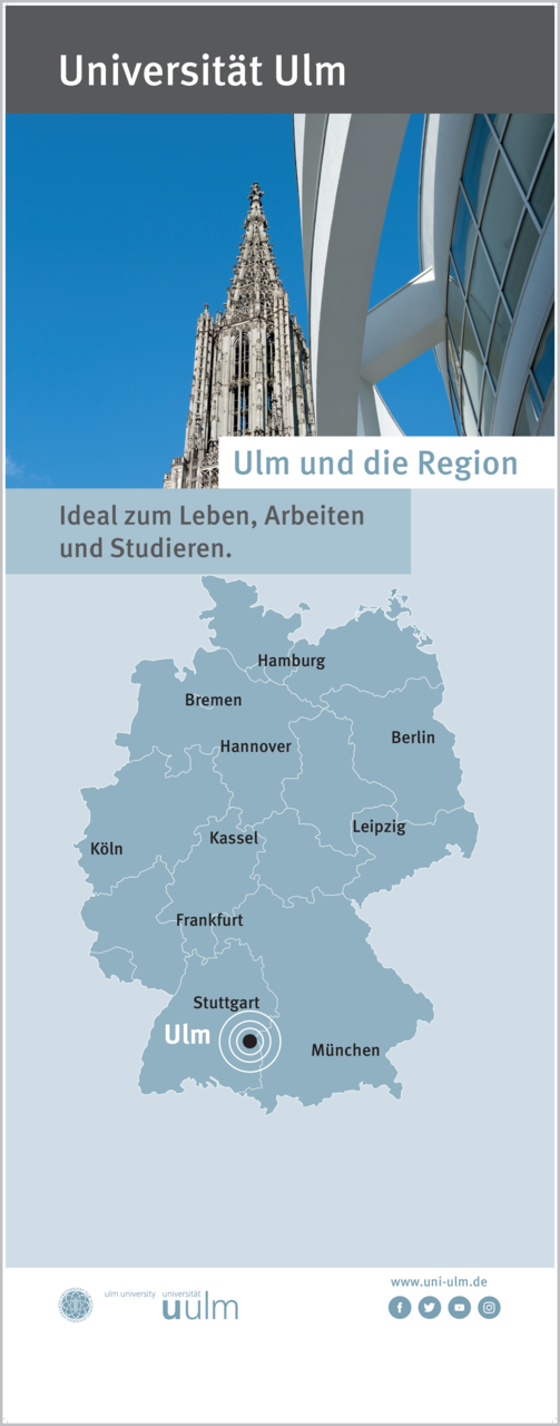 Banner mit Deutschlandkarte zur Verortung Ulms mit Text: "Ulm und die Region - Ideal zum Leben, Arbeiten und Studieren"