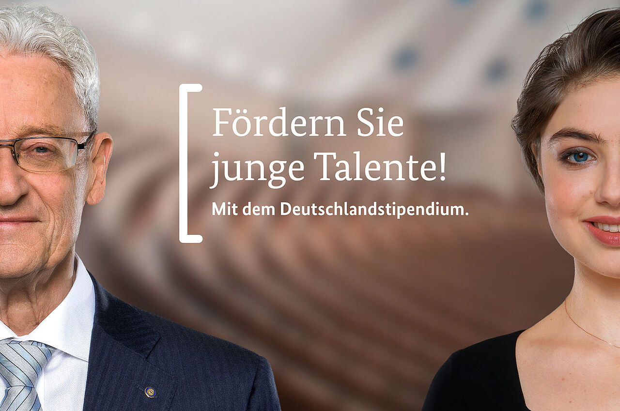 Sponsor and scholar. "Sponsor young talents! With the Deutschlandstipendium." The picture is linked to a page with information on how to become a sponsor.