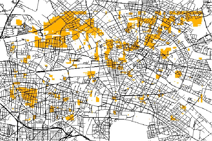 Regions in the downtown of Berlin with a velocity less or equal 15 km / h, sector 2, 17.00-17.30, 18.02.2002