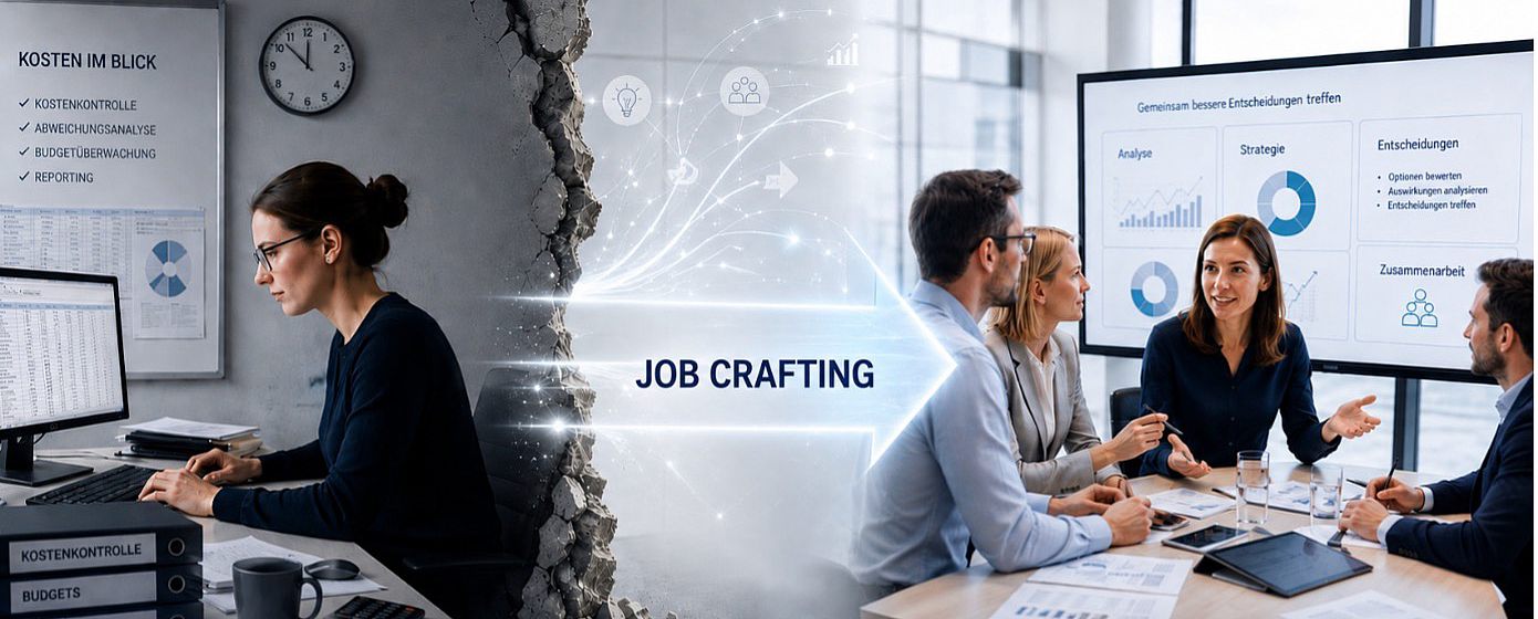 Frau sitzt am Schreibtisch vernüpft mit einem weiteren Bild, welches eine Personengruppe im Meeting zeigt. Dazwischen steht der Wortlaut: Job-Crafting