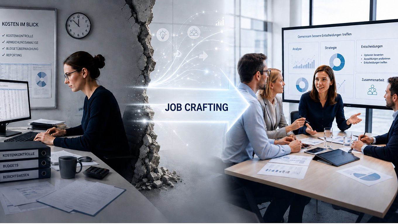 Frau sitzt am Schreibtisch vernüpft mit einem weiteren Bild, welches eine Personengruppe im Meeting zeigt. Dazwischen steht der Wortlaut: Job-Crafting