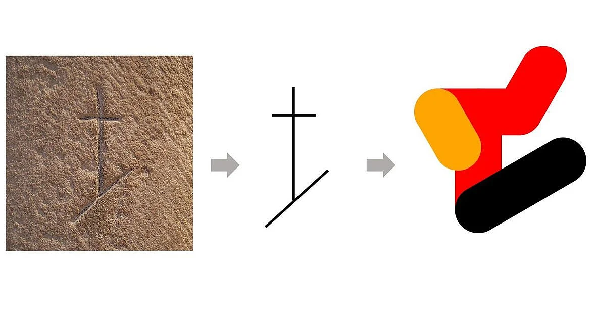 mittelalterliches Steinmetzzeichen (links), neu generiertes Zeichen (Mitte) und ein neu generiertes Design (rechts) 