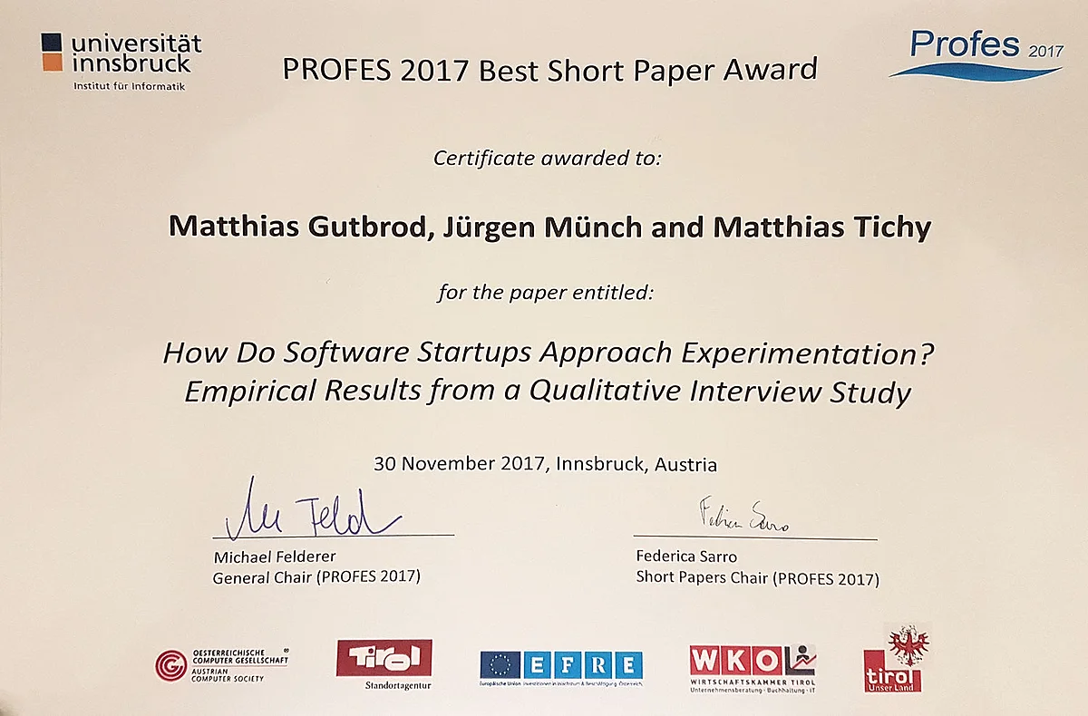 Best Short Paper Award PROFES 2017