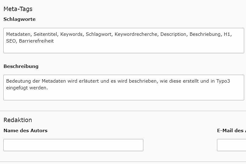 Screenshot im TYPO3-Backend zeigt wie die Metatags in den Metadaten ausgefüllt werden Screenshot im TYPO3-Backend zeigt wie die Metatags in den Metadaten ausgefüllt werden