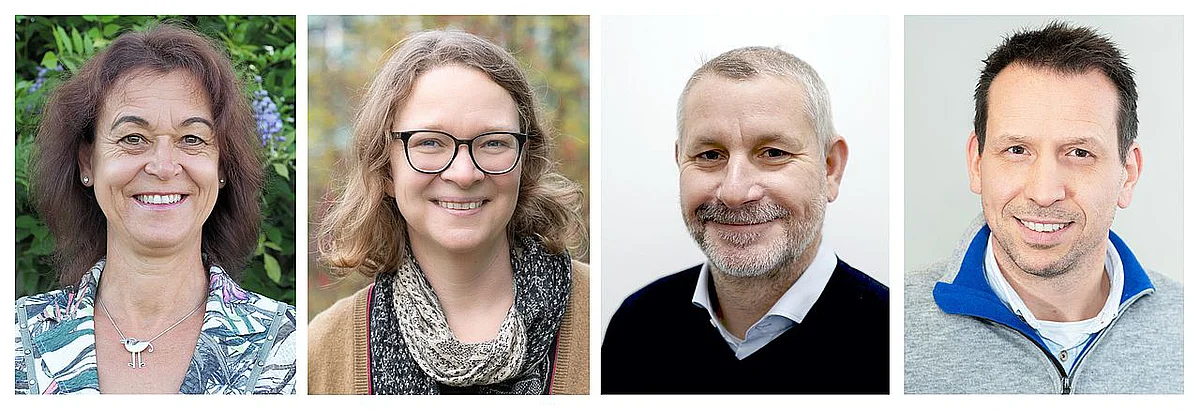 as Ulmer Forschungsteam von IMPALA, (v.l.) Prof. Simone Sommer, Prof. Lena Wilfert, Prof. Christian Riedel und Prof. Patrick Schäfer (Fotos v.l.: privat, Elvira Eberhardt, Lisanne Wolters, privat)