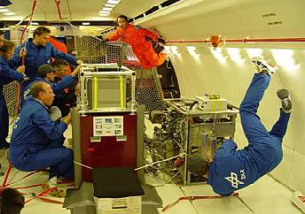 Bild 1: Prozessanlage: Elektromagnetischer Levitator auf Parabelflügen.
Bild 2: Elektromagnetische Levitationsanlage an Bord des Airbus A300. Kontaktlose Messung von Oberflächenspanung und Viskosität von hochtemperatur metallischen Schmelzen.
Bild 3: