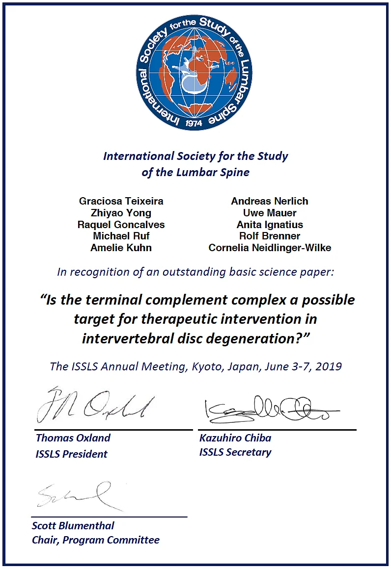 Urkunde für die beste wissenschaftliche Veröffentlichung bei der Jahrestagung 2019 der "International Society for the Study of the Lumbar Spine"