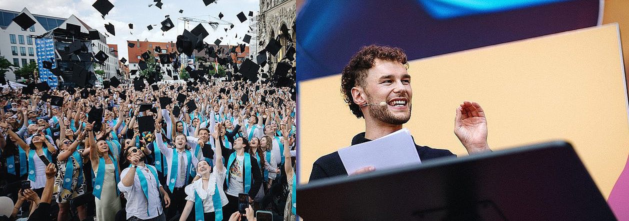 Akademische Abschlussfeier Uni Ulm - Absolventen werfen Hüte - Absolvent des Studiengangs Nachhaltige Unternehmensführung moderiert