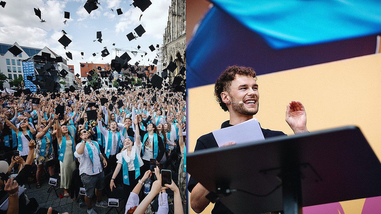 Studierende beim Hütewerfen und der studentische Moderator Dominik Schmid