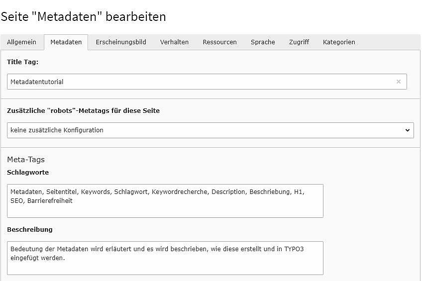 Screenshot im TYPO3-Backend zeigt wie die Metatags in den Metadaten ausgefüllt werden In den Metadaten den Reiter Metadaten auswählen