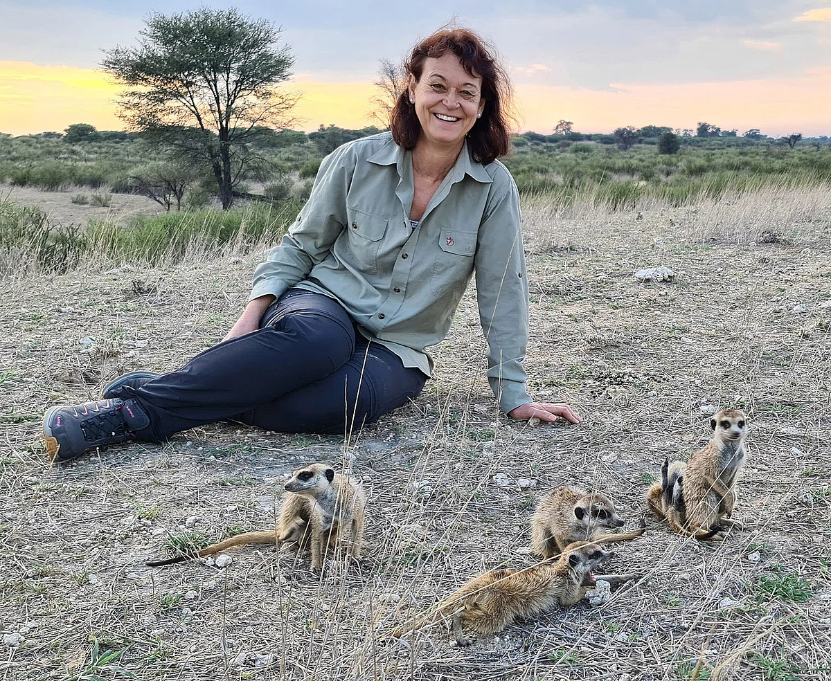 [Translate to English:] Prof. Simone Sommer mit Erdmännchen 