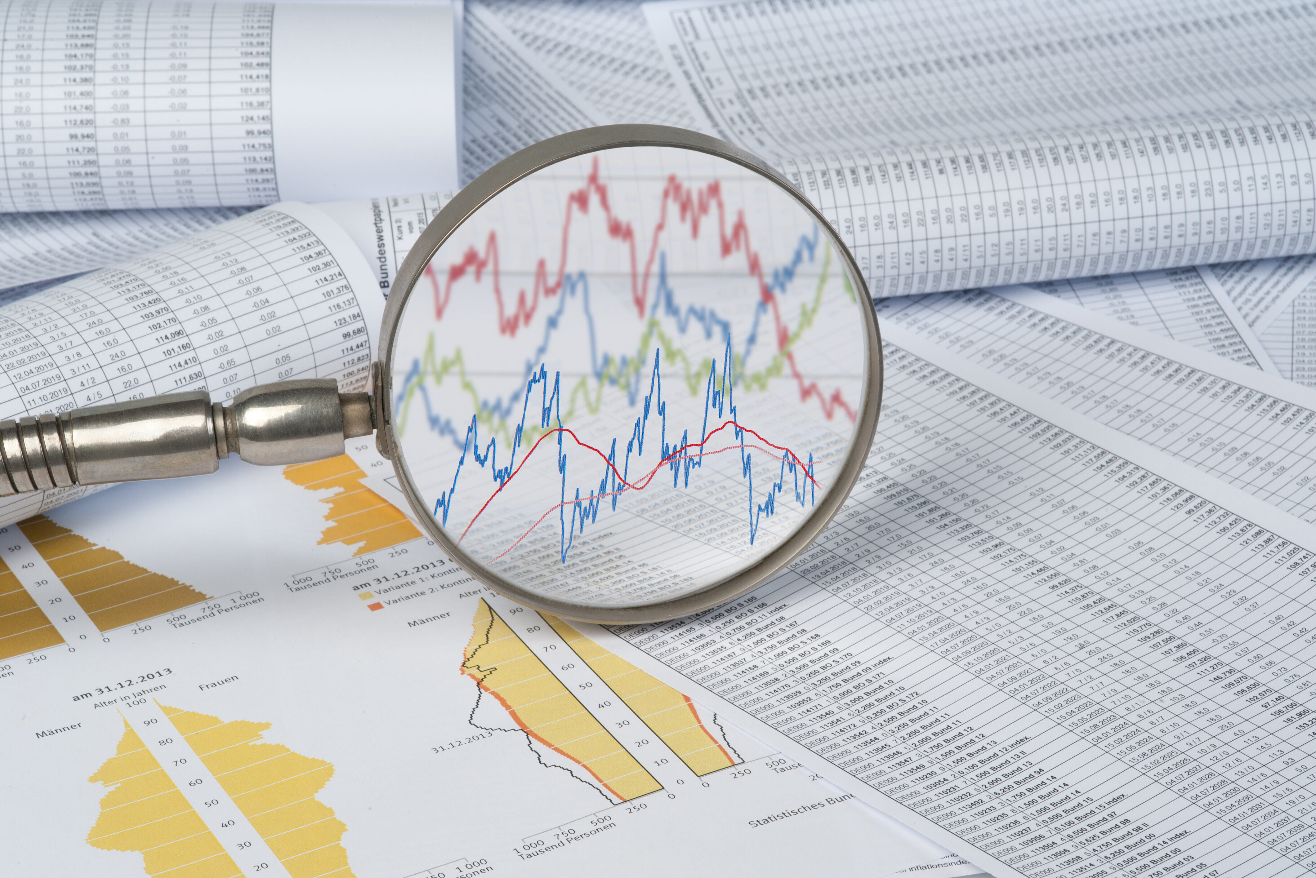 Finanzdienstleistungen und ihre Mathematische Methodik, Universität Ulm, Forschungsschwerpunkte Graphiken zu Finanzdienstleistungen mit Lupe wird eine Kurve vergrößert.