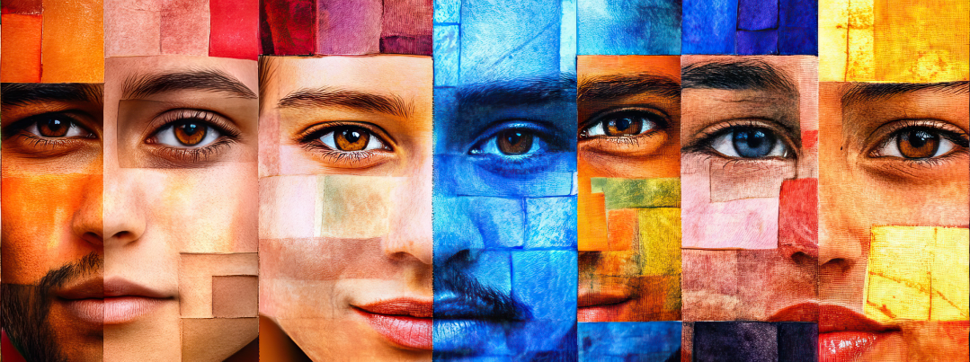 Das Titelbild der Frühjahrsakademie 2026: Gesichter aus farbigen Flächen in Mosaikform zusammengesetzt