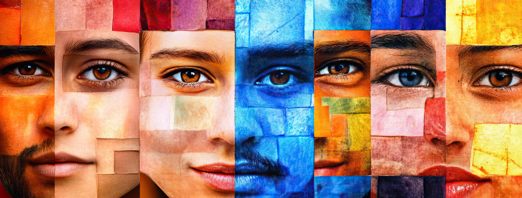Das Titelbild der Frühjahrsakademie 2026: Gesichter aus farbigen Flächen in Mosaikform zusammengesetzt