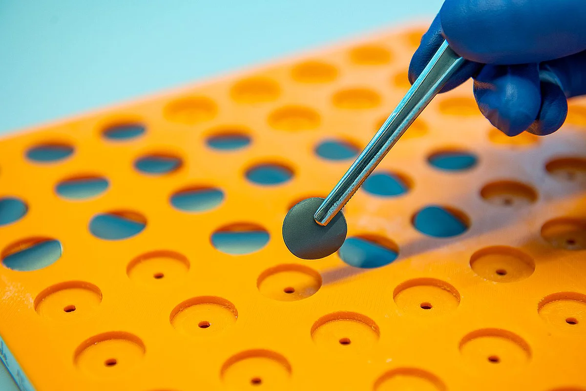 Bereitstellung von Batterieelektroden. Mit Hilfe der Materialbeschleunigungsplattform von POLiS kann eine Vielzahl von Batteriematerialien in kurzer Zeit analysiert und charakterisiert werden (Foto: Elvira Eberhardt / POLiS)