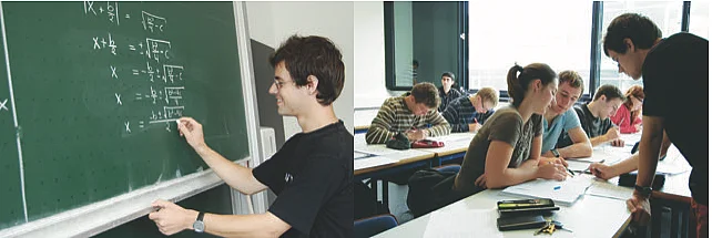 Schüler steht an der Tafel Schüler*innen beim Tutorium beim Trainingscamp