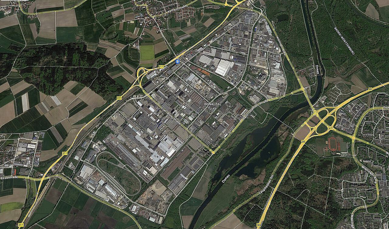 Luftaufnahme Industriegebiet Donautal, Map data © 2022 Google, Google Earth, Image Landsat/Copernicus