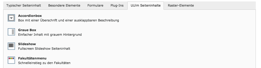 Backendansicht Backendansicht der Registerauswahl eines Inhaltselements