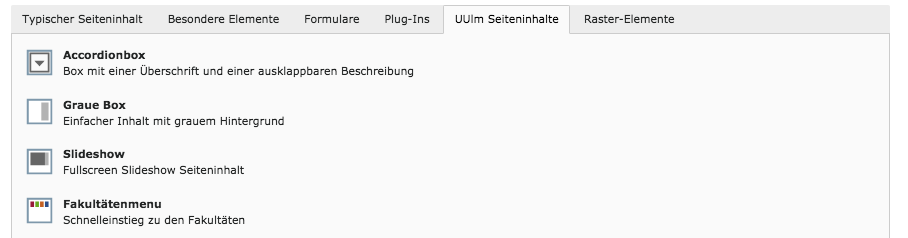 Backendansicht der Registerauswahl eines Inhaltselements