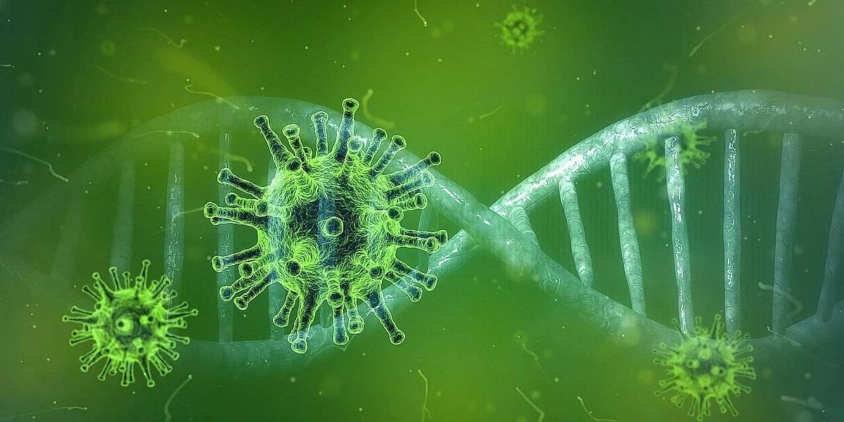 Symbolbild Coronavirus mit DNA Doppelhelix im Hintergrund 
