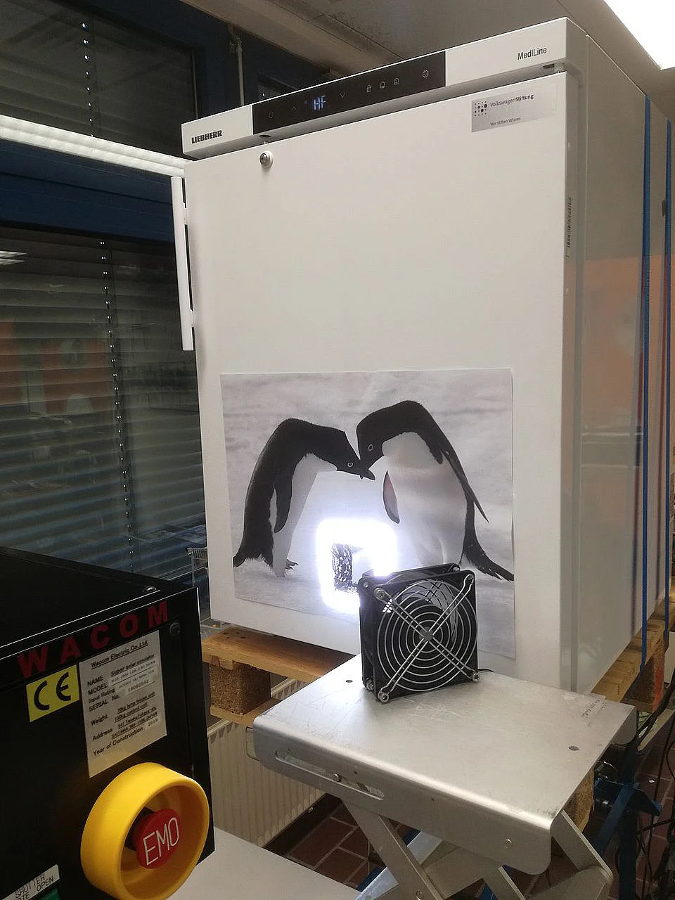 The experiment is located in the freezer. Light comes through a window and generates via solar cells the  voltage needed for electrolytical water splitting.