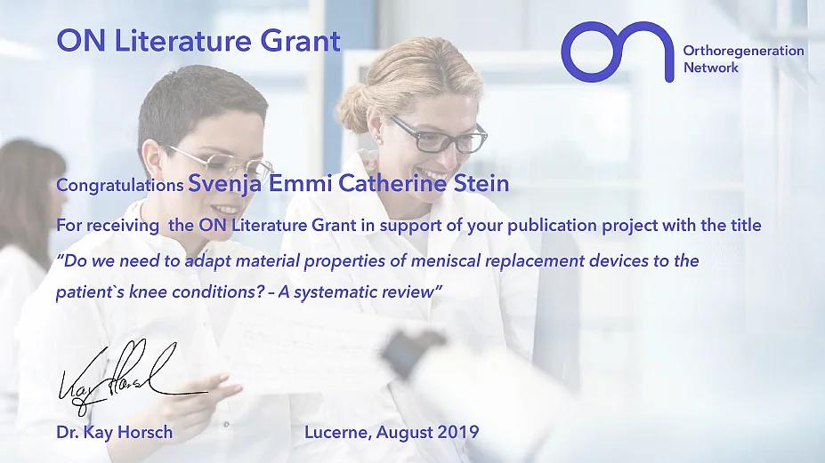 Preisurkunde für "Literature Grant" des "Orthoregeneration Network" für Svenja Stein