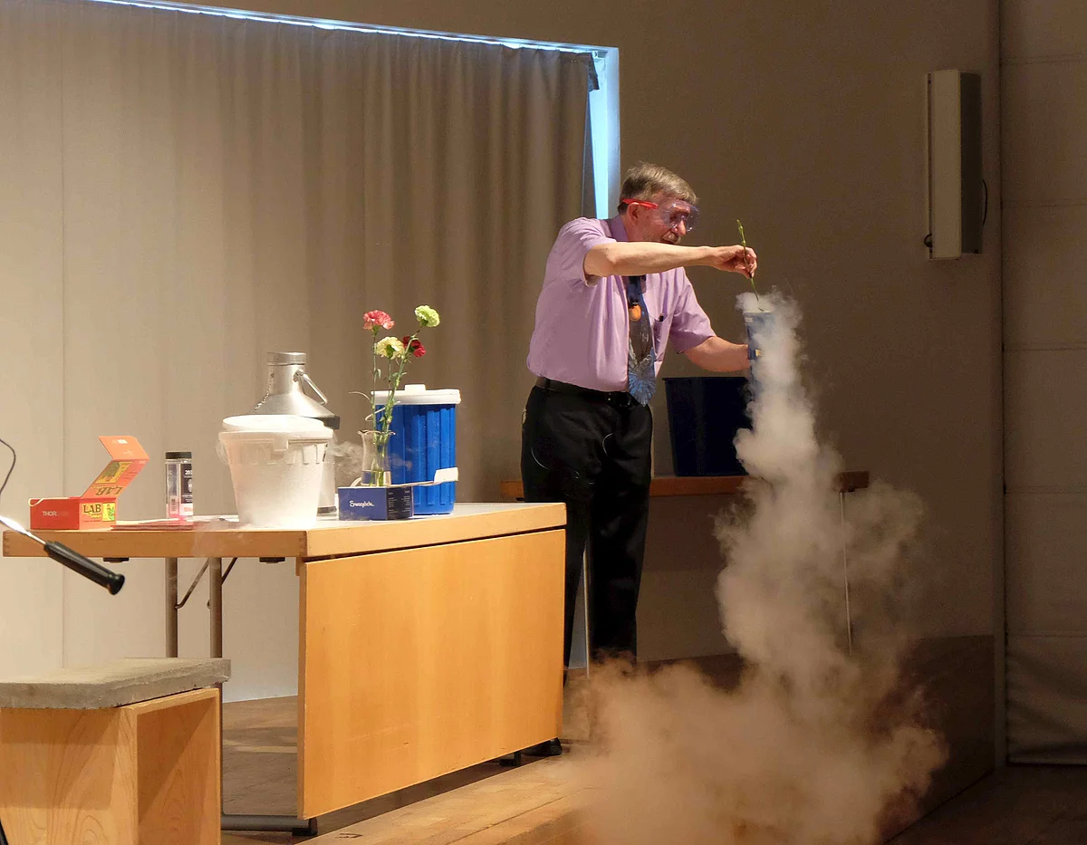 Der Nobelpreisträger tauchte eine Blume in Stickstoff und konnte diese wie Glas zerbrechen