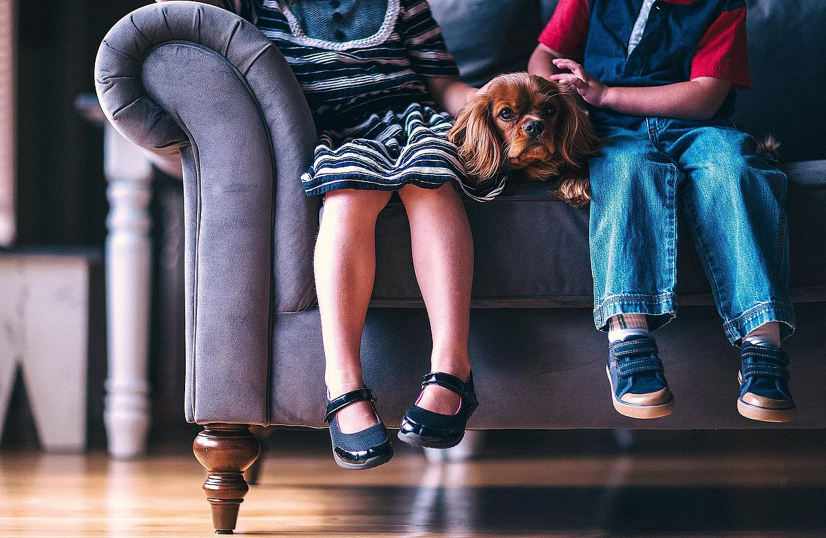 Kinder sitzen mit einem Hund auf einer Couch