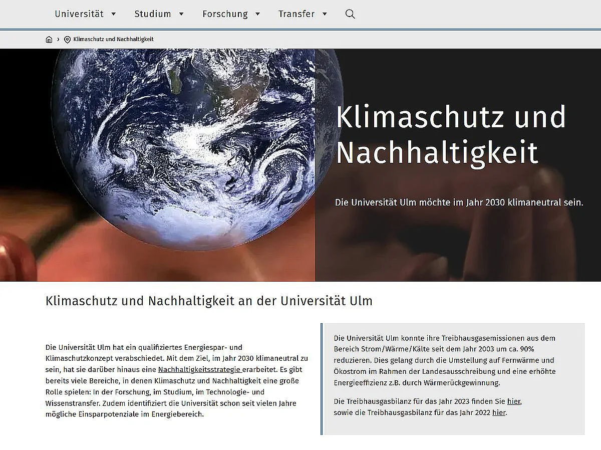 Im Jahr 2023 hat die Universität Ulm eine eigene Nachhaltigkeitsstrategie verfasst, die sie nun Schritt für Schritt in die Tat umsetzt (Screenshot der Seite) 