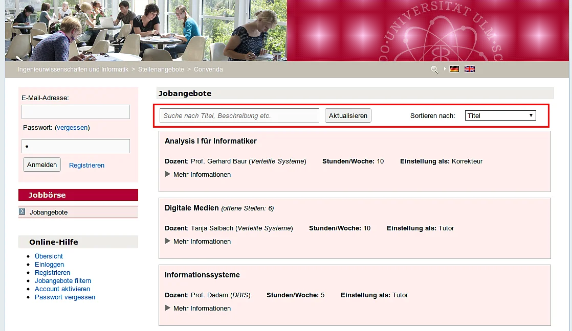 Job Angebote filtern und sortieren