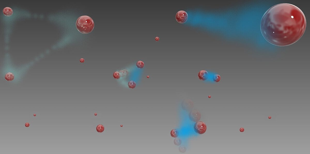 Graphic chart of the three-body recombination with possible products. The red balls represent rubidium atoms, the blue clouds the bond between individual atoms. (source: Institute of Quantum Matter, Ulm University)
