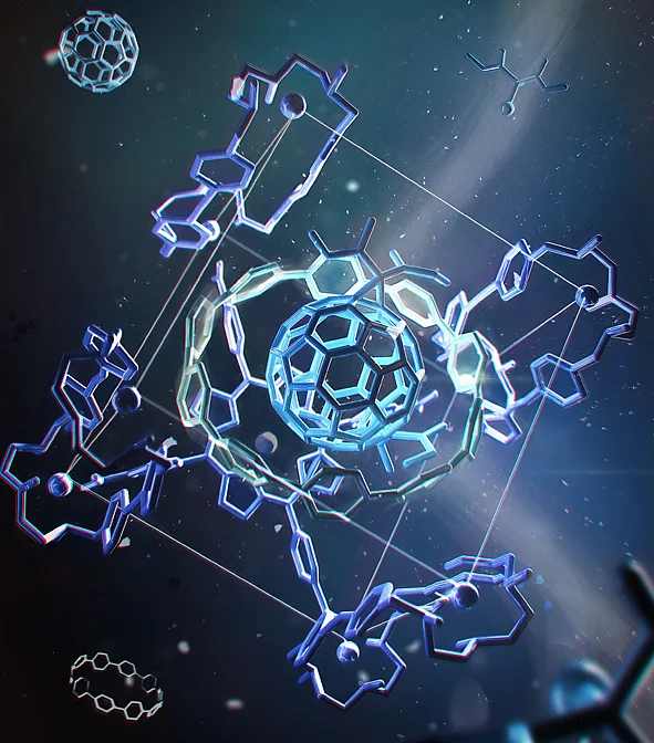 The image shows the molecular matryoshka used for the functionalisation of the fullerene C60. Funktionalisierung des C60-Fullerens.