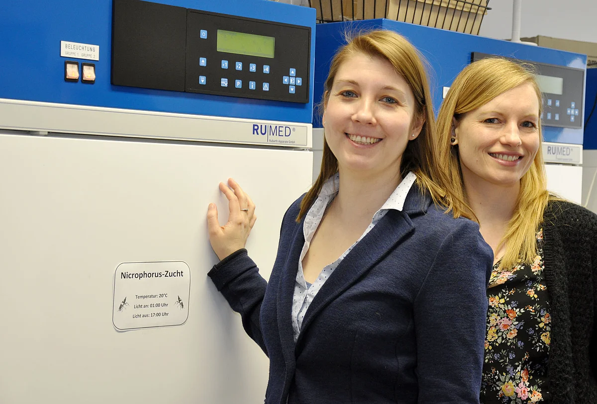 PD Dr. Sandra Steiger und Doktorandin Katharina Engel vor dem Brutschrank