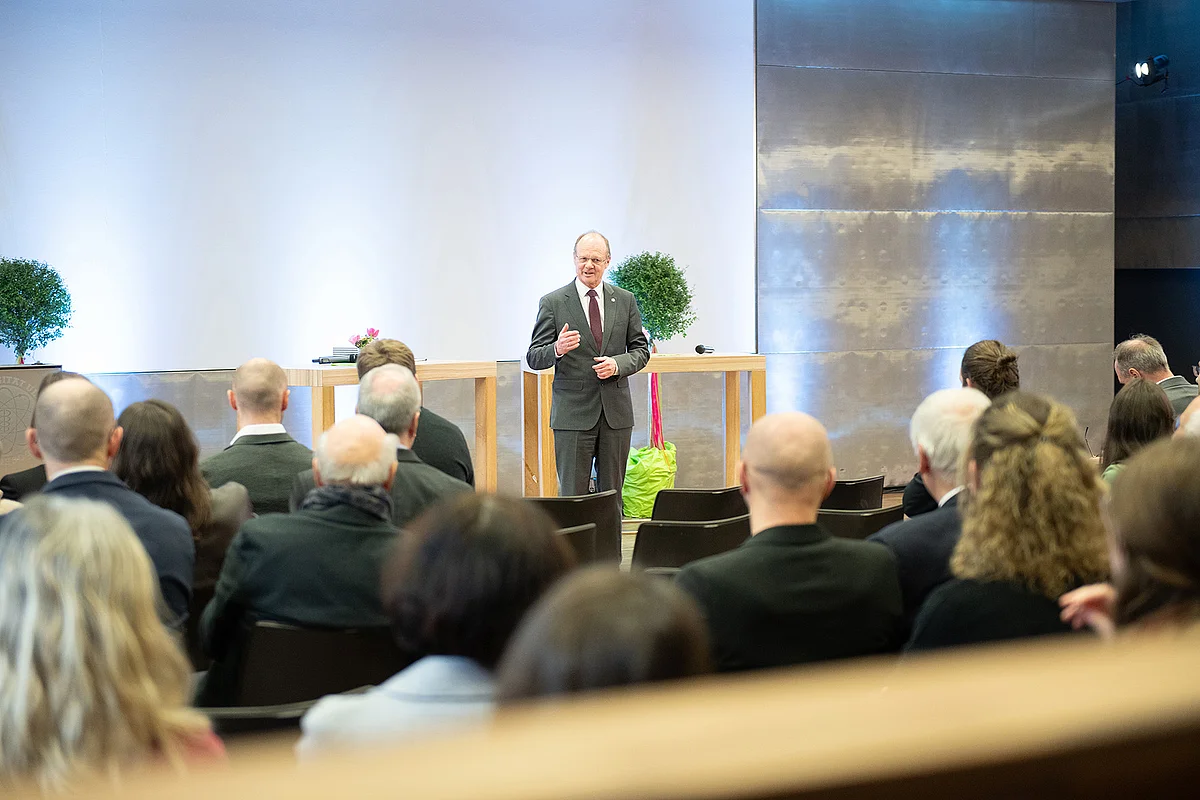 University President Prof Michael Weber in front of an audience at Dies academicus 2025