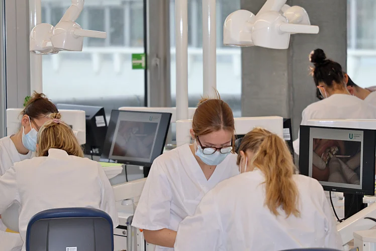 Je zwei Studierende üben die Behandlungssituation gemeinsam an einem Simulationsarbeitsplatz (Foto: Universität Ulm)