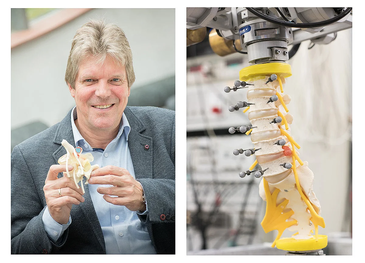 Prof. Hans-Joachim Wilke mit Wirbelknochenmodell