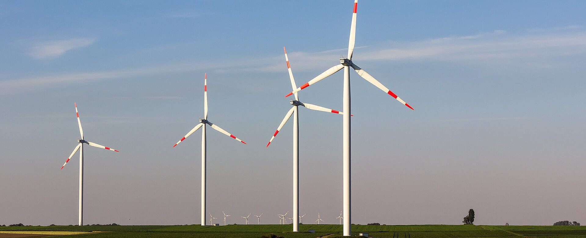 Vier Windräder auf einem Feld, weitere im Hintergrund