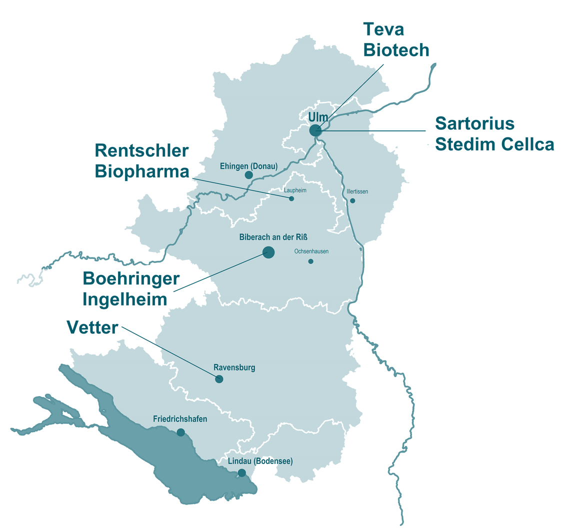 Landkarte Biopharma Cluster - Raum Ulm, Biberach, Ehingen, Ravensburg, Friedrichshafen, Lindau