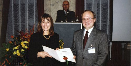 Award Ceremony on November 6, 2001 in Berlin. The Federal Minister of Education and Research Edelgard Bulmahn, is delivering Award Certificate to Professor Alexei Khokhlov