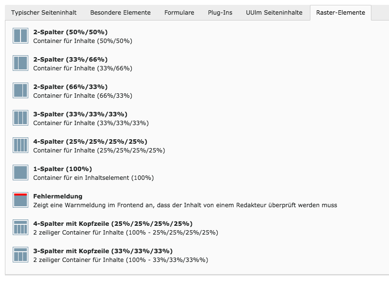 TYPO3 Raster-Elemente