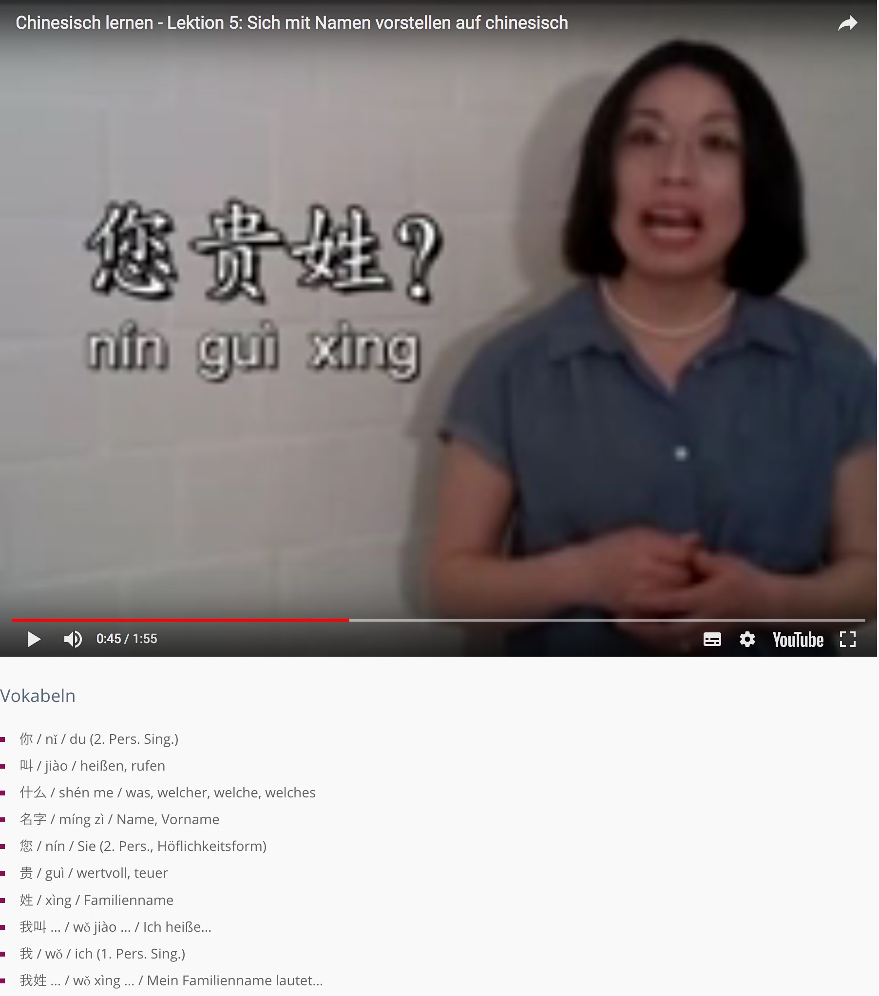 screenshot zum Kurs mit Frau Mao