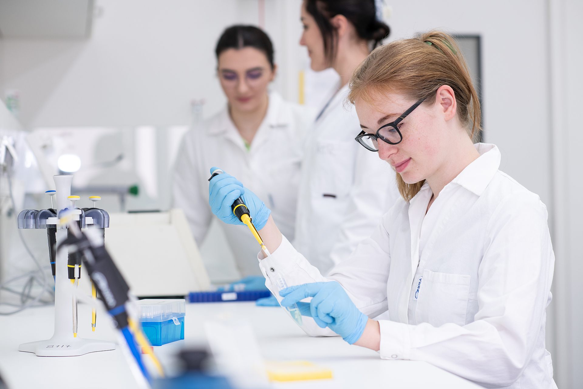 Studierende führen mit Spritzen Versuche im Labor durch