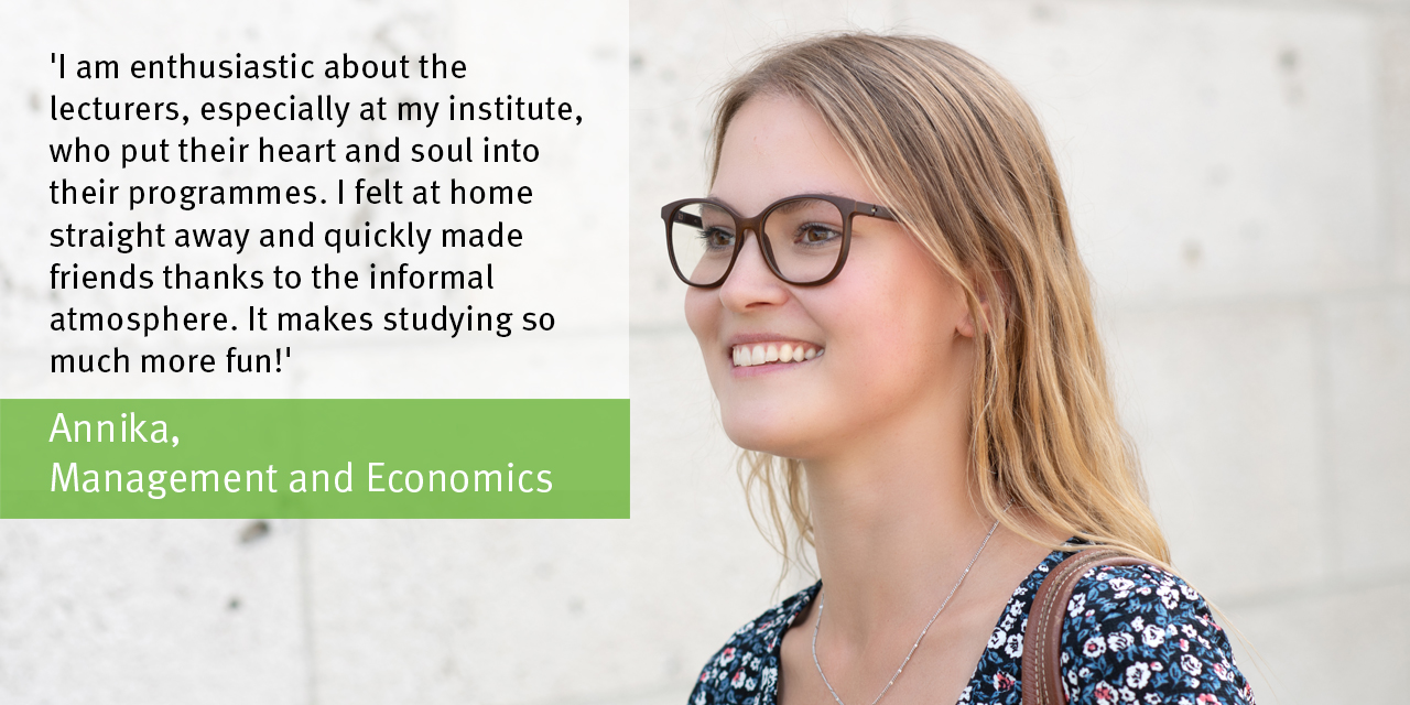 Picture and quote from a student on the Management and Economics degree programme