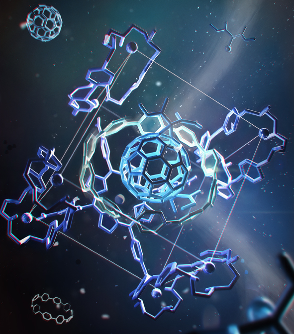 Die Illustration zeigt die molekulare Matrjoschka zur Funktionalisierung des C60-Fullerens.