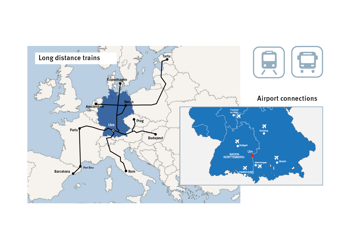 Map showing train lines across Europe and airports to reach Ulm. 